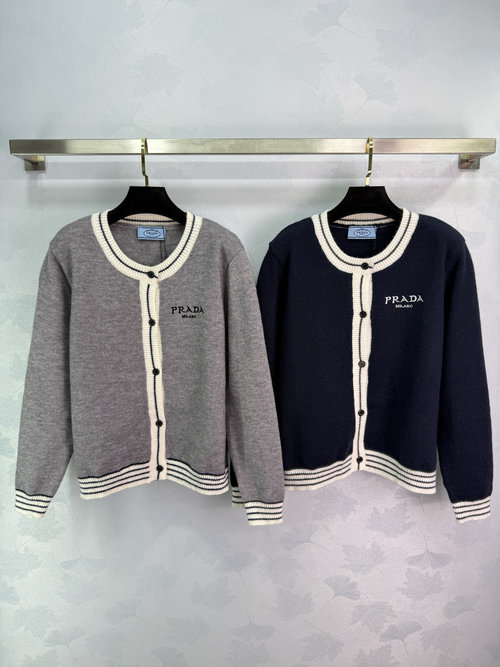 Prada Gray and Deep Blue Knit Cardigan with Brand Letter Embroidery and Striped Design