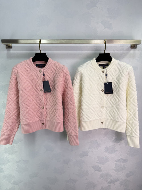 Louis Vuitton Two-Tone Diamond Knit Cardigan with Gold Buttons, Soft Wool Blend