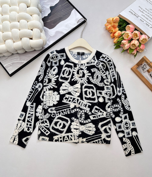 Chanel Diamond Jewelry Printed Cashmere Knit Cardigan, Luxury Details