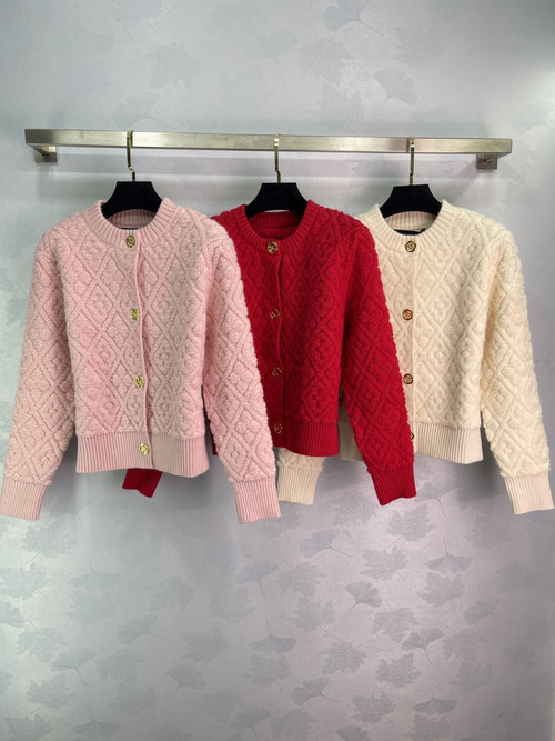 Louis Vuitton Pink, Red, and Beige Diamond Knit Cardigan with Gold Buttons