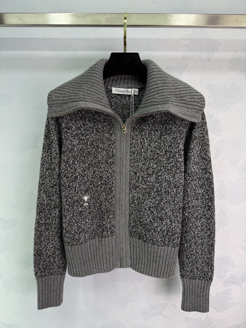 Dior Gray Wool Zip-Up Cardigan with Small Embroidered Logo and Soft Fabric