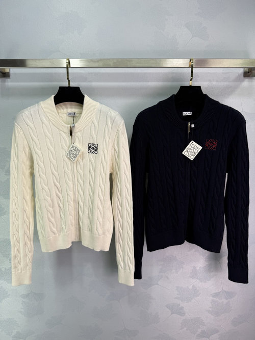 Loewe White and Navy Blue Twist Knitted Cardigan with Classic Logo Embroidery