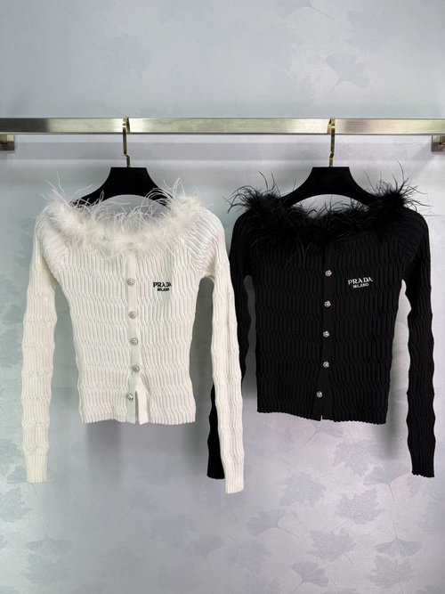 Prada Black and White Cardigan with Fur Collar and Logo Embroidery