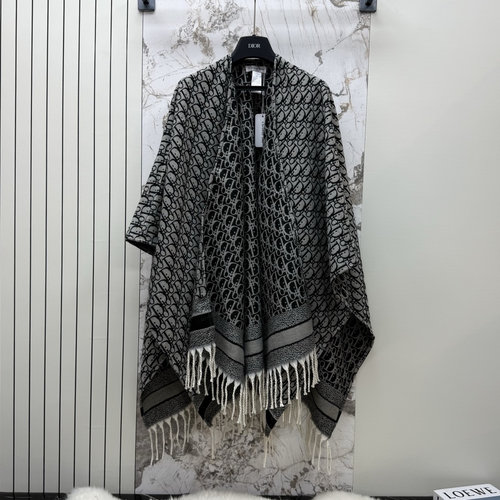 Dior Black & White Cashmere Cape Shawl with Classic Monogram & Fringe