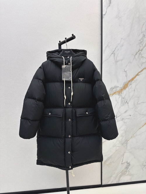 Prada Hooded Long Down Cotton Bread Coat, Slimming