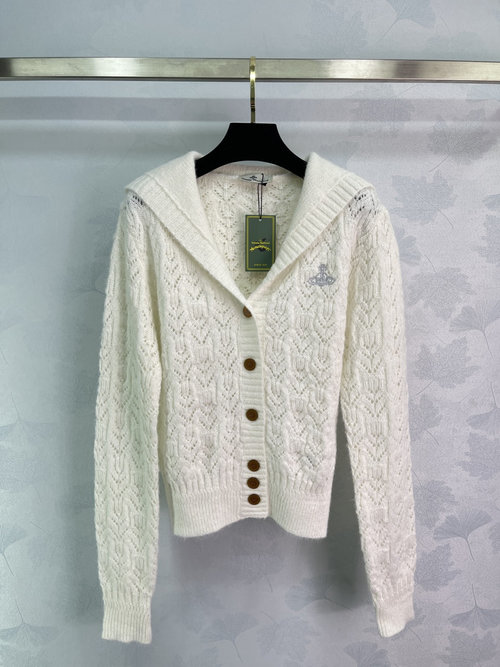 Vivienne Westhood Lace-Up Knitted Cardigan with Sailor Collar & Celestial Embroidery - Graceful Design