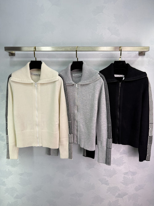 Dior Zip-Up Collar Knit Long Sleeve Sweater with Striped Accents
