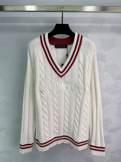 Louis Vuitton Academic Style V-Neck Sweater with Red Stripes and Letter Embroidery