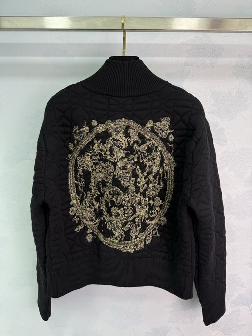 Dior Knitted Jacket with Exquisite Embroidery, Diamond Pattern and Zipper Collar