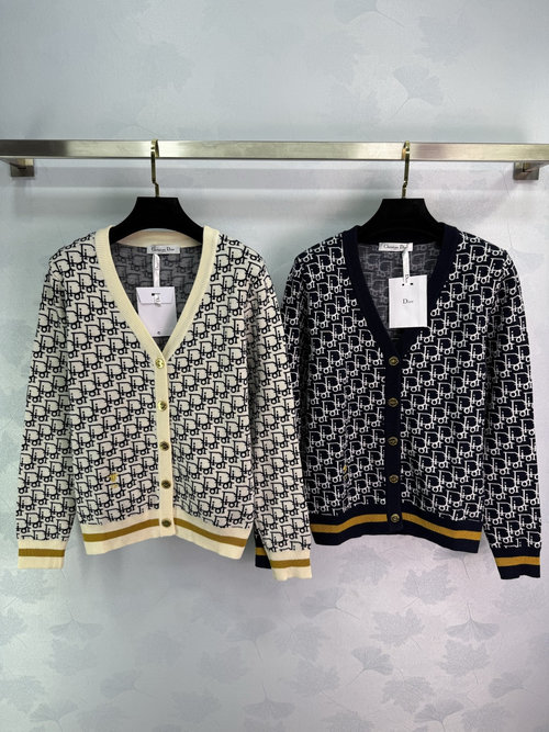 Dior V-Neck Jacquard Knit Cardigan with Ribbed Trim and Alphabet Design