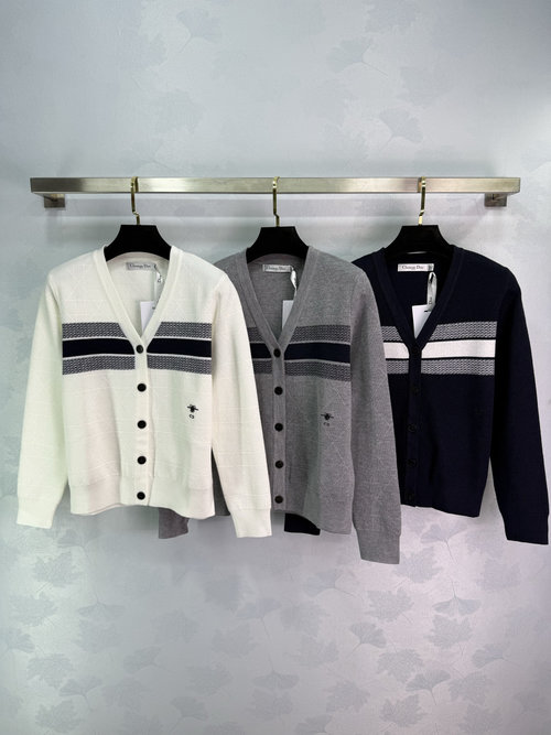 Dior V-Neck Long-Sleeve Cardigan with Vine Check Pattern and Brand Logo