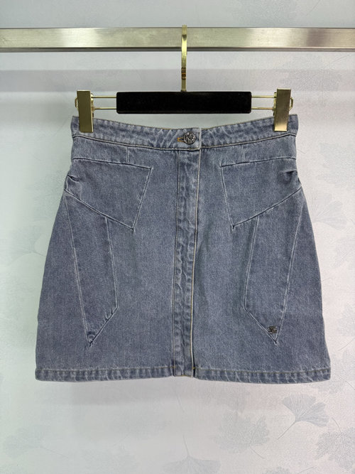 Chanel Bowknot Denim Skirt with Vintage Wash and Flared Hem