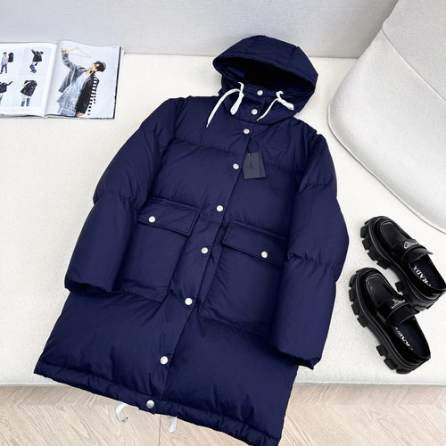 Prada Chic Hooded Long Down Jacket with Triangle Logo and Warm Insulation