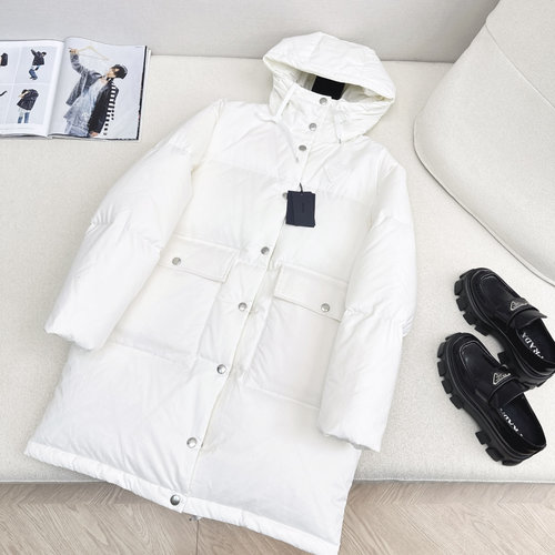 Prada Chic Hooded Long Down Jacket with Triangle Logo and Warm Insulation