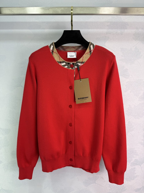 Burberry Round - Neck Knit Long - Sleeve Cardigan with Grid Collar