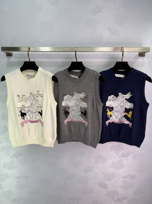 Dior Classic Round - Neck Embroidered Knit Vest with Animal Motif