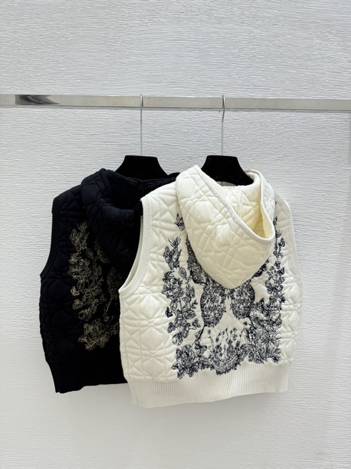 Dior White and Black Hooded Sleeveless Cardigan with Back Butterfly Embroidery