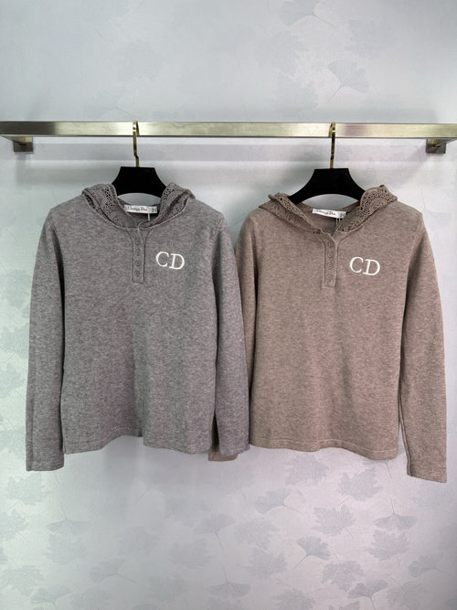 Dior Lace-Trimmed Hooded Sweater with Contrast Letter Embroidered Logo