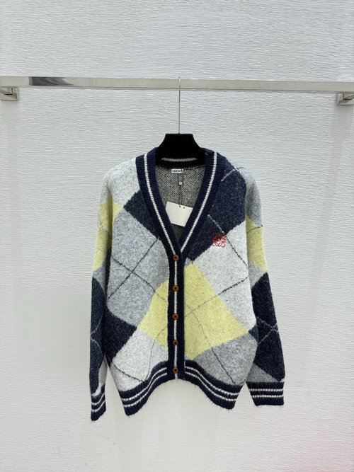 Loewe Color-Blocked Diamond Quilted V-Neck Long-Sleeve Knit Cardigan in Royal Blue