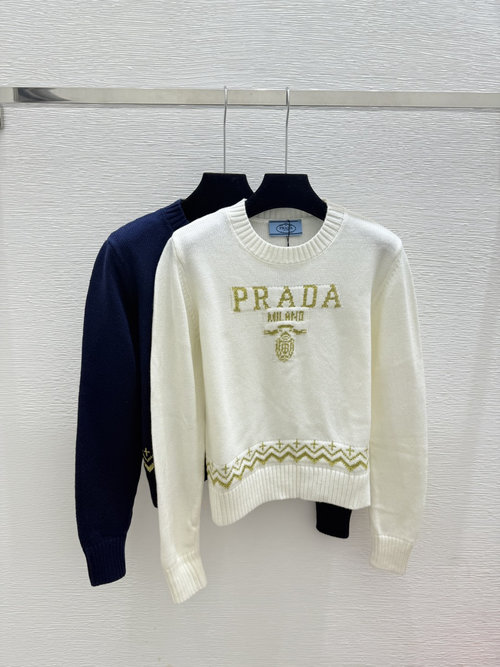 Prada Gold and Silver Thread Letter Round-Neck Long-Sleeve Knit in White and Royal Blue