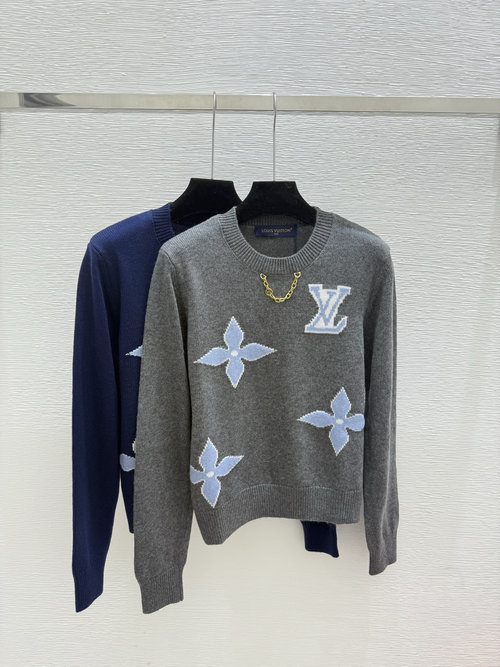 Louis Vuitton Letter Jacquard Round-Neck Long-Sleeve Knit in Gray and Royal Blue