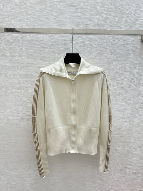 Dior Gold and Silver Striped Collared Long-Sleeve Knit Cardigan in White