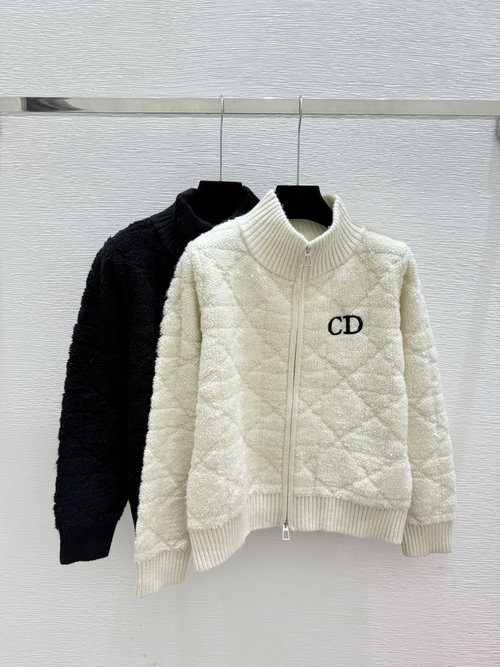 Dior Solid Color Diamond Quilted High-Neck Long-Sleeve Knit Cardigan in White and Black
