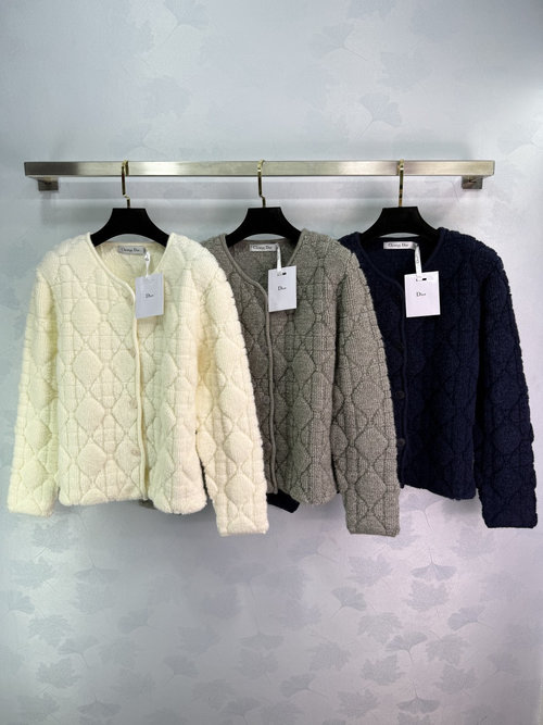 Dior Round Neck Diamond Pattern Knit Button Cardigan, Luxurious Wool Cashmere Blend