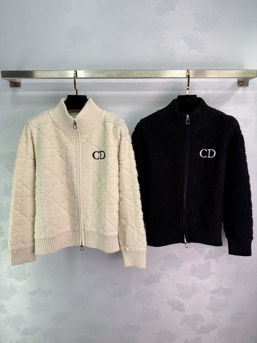 Dior Diamond-Patterned Zip-Up Cardigan with CD Logo Embroidery