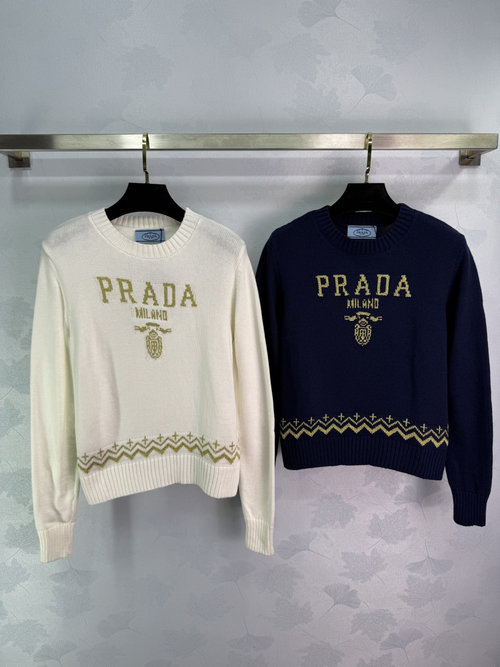 Prada Round-Neck Pullover with Contrasting Stripes and Emblem