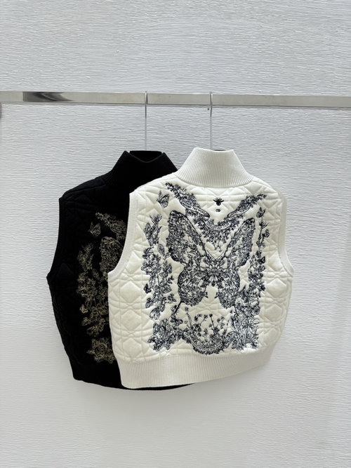 Dior White and Black High-Neck Down Sleeveless Cardigan with Checked Back and Butterfly Embroidery