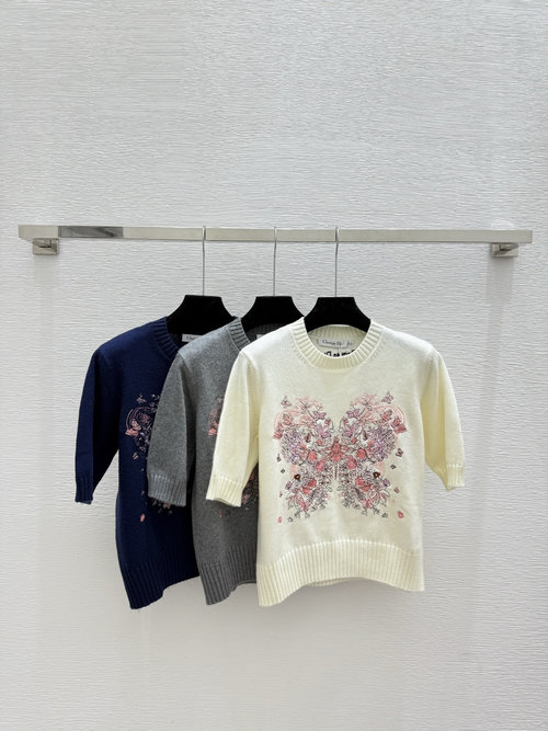 Dior Butterfly - Embroidered Round - neck Knit Short - sleeve