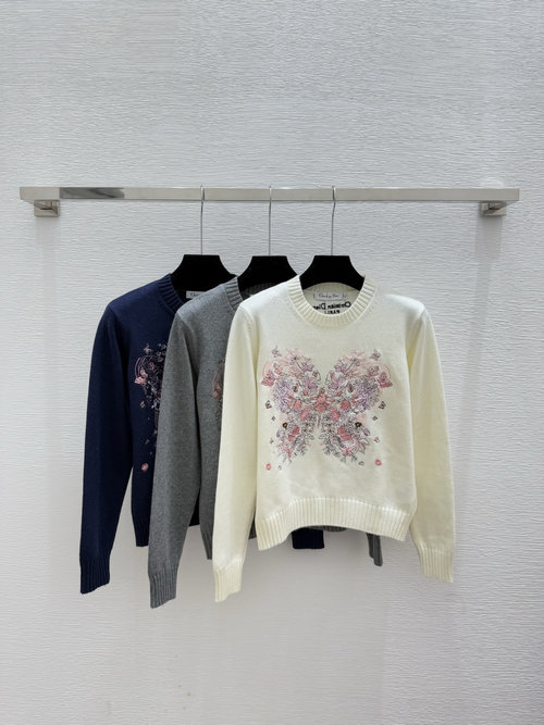 Dior Butterfly - Embroidered Round - neck Knit Long - sleeve