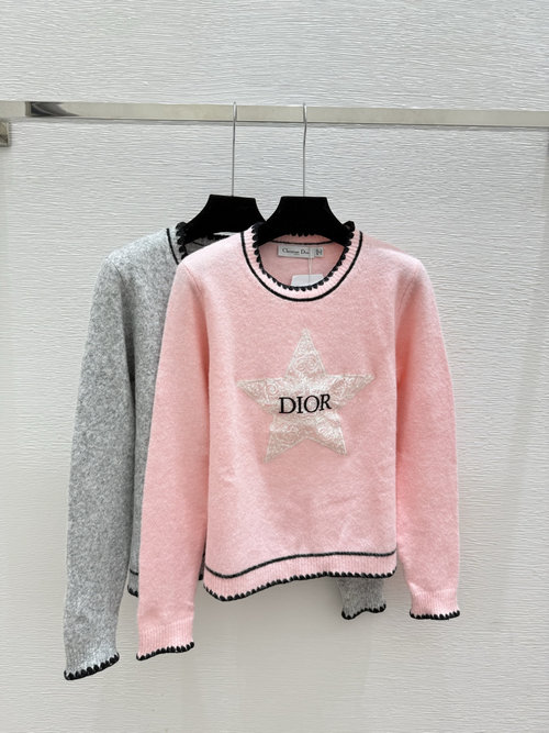 Dior Star-Patterned Sequined Crew Neck Knit Sweater in Pink and Gray
