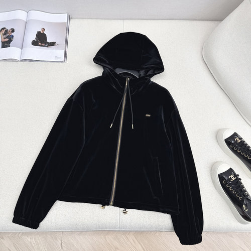 Miu Miu Black and Gold Velvet Hooded Casual Coat with Logo