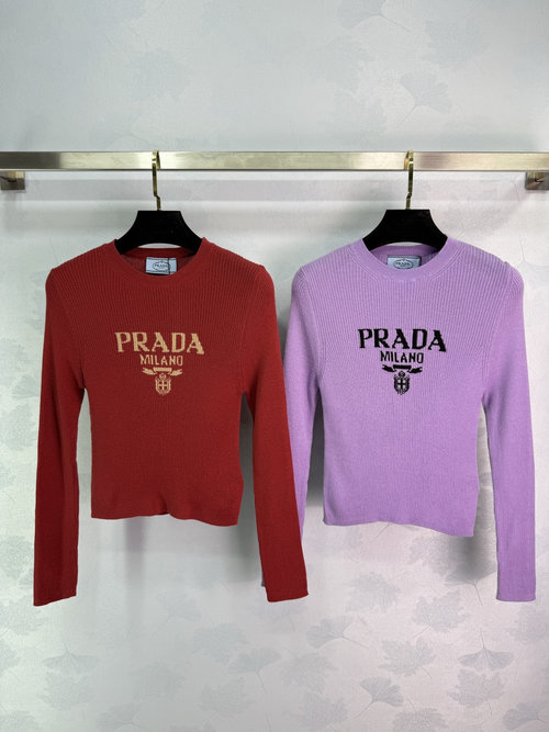 Prada Classic Color-block Knit Sweater with Hanging Wool Element
