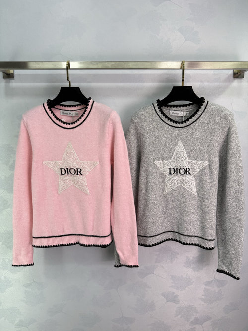 Dior Letter and Star Embroidered Knit Sweater with Black Wavy Edges