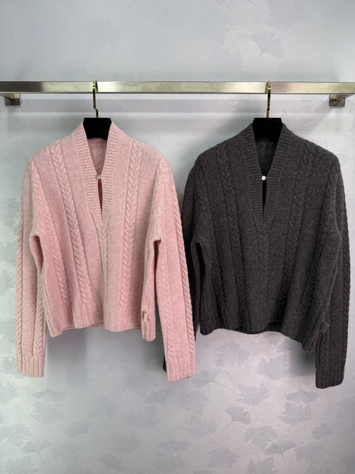 Loewe V-neck Twist Knit Sweater, Swiss Machine Knit, Soft Texture, Custom Buttons