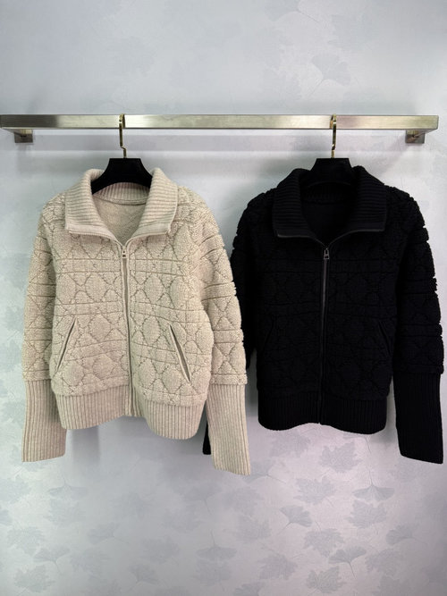 Dior Diamond-patterned Zip-up Knit Cardigan with Ribbed Cuffs