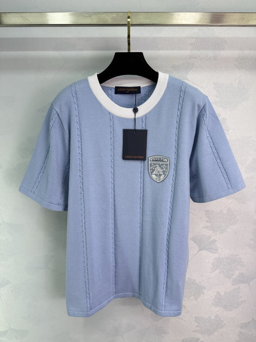 Louis Vuitton Cotton Round-Neck Short-Sleeve Knitted Top with Sail Embroidery