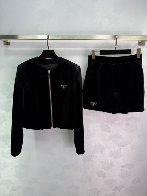 Prada Velvet Long-sleeve Jacket and Skirt Set with Classic Triangle Logo and Flattering A-line Design