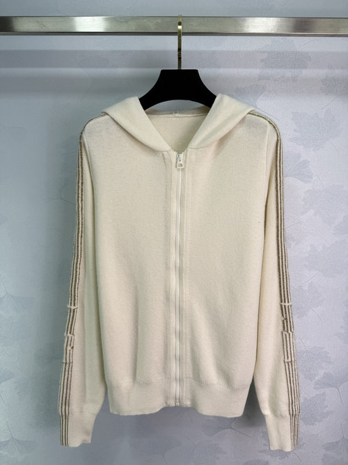 Dior Soft Knitted Zip-Up Hooded Cardigan with Gold Stripes