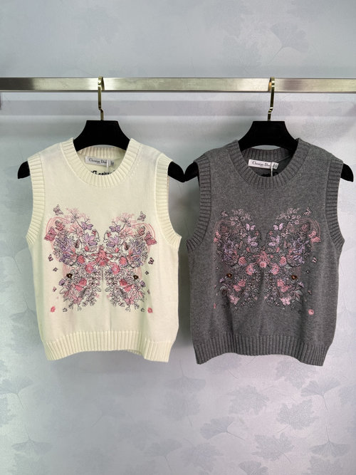 Dior Round-Neck Sleeveless Knit Top with Butterfly Embroidery, Charming Appeal