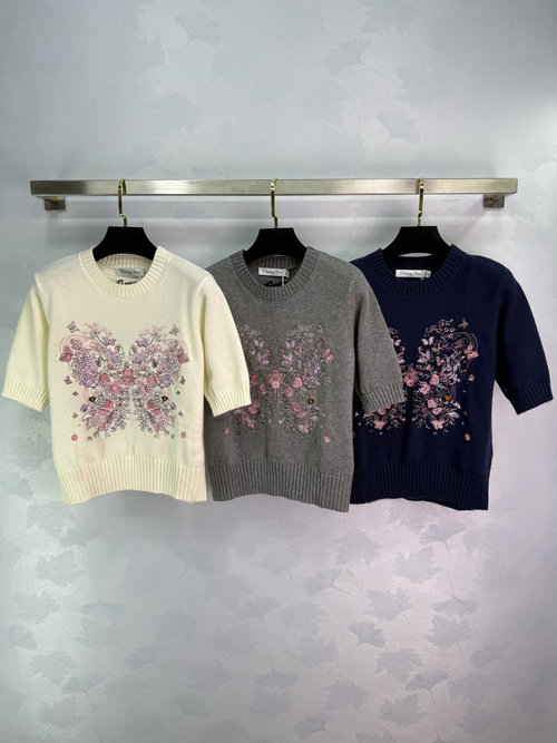 Dior Round-Neck Short-Sleeve Knit Top with Butterfly Embroidery, Elegant Design