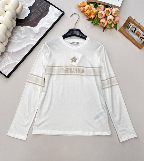 Dior Lucky Star Letter Embroidery Long-Sleeve White T-Shirt