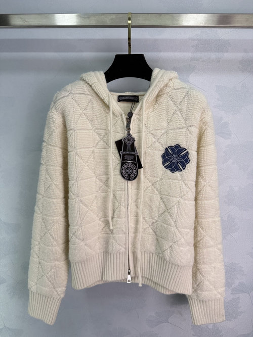 Chrome Hearts Hooded Diamond-Knit Zip-Up Cardigan with Brand Embroidered Logo