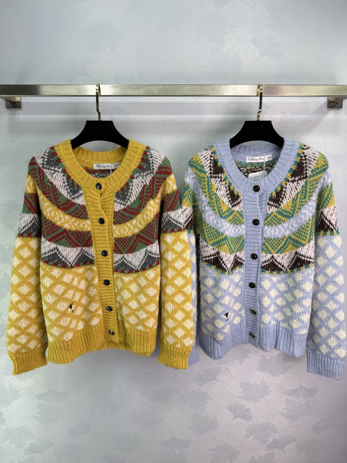 Dior Classic Diamond Pattern Knit Cardigan with Small Logo Embroidery
