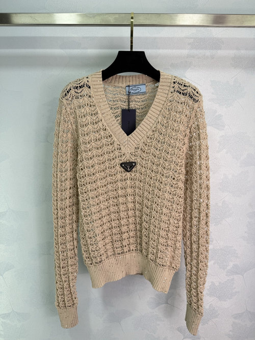 Prada V-Neck Lace Knit Sweater with Triangle Logo for Diverse Styling