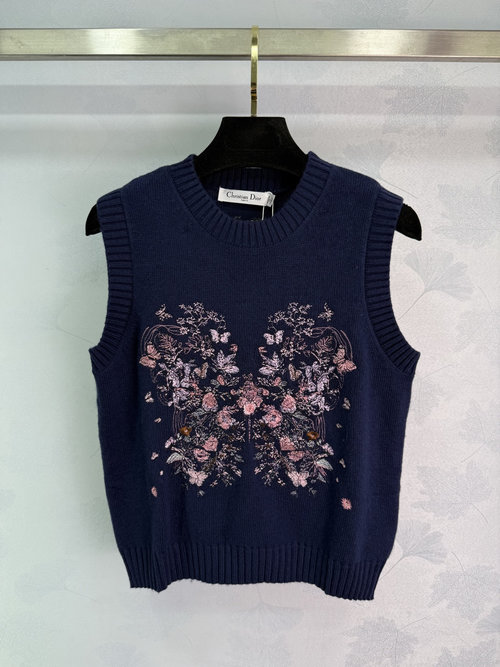 Dior Round-Neck Sleeveless Knit Top with Butterfly Motif, Elegant Appeal