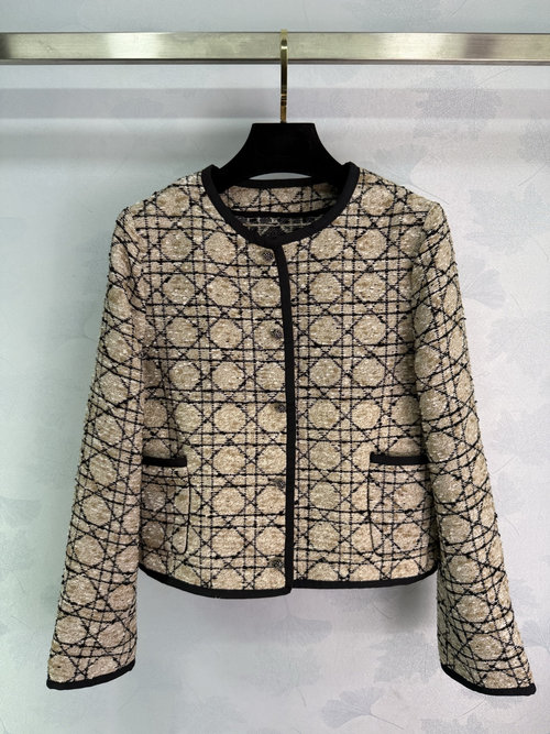 Dior Customized Vine Check Jacquard Round Neck Coat with Pearl Buttons